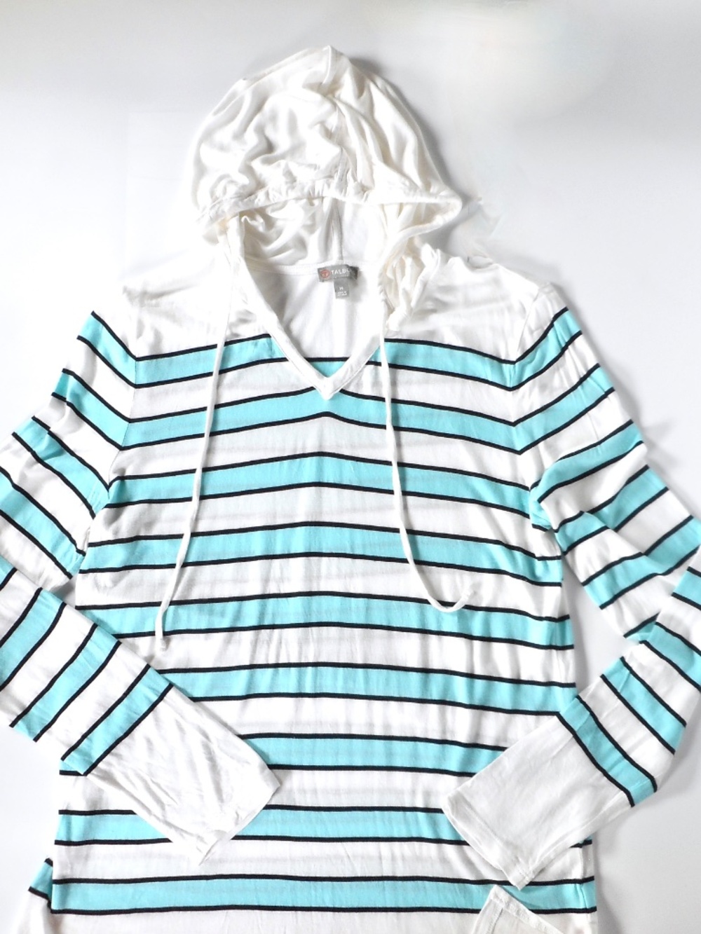 Talbots Turquoise Blue White Stripe Sz M Lightweight Rayon Hoodie Coastal